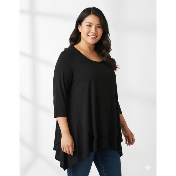 Cable & Gauge Women 3x Black Classic Pointed Hem Shark Bite 3/4 Sleeve top - Picture 1 of 6